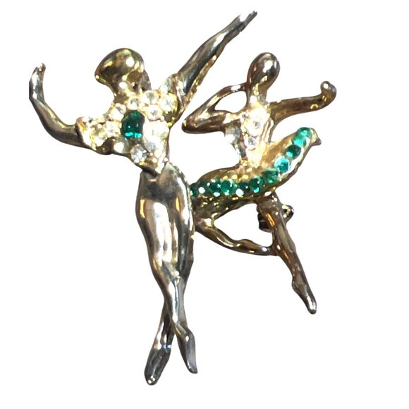 Vintage Boucher Gold Brooch Ballet Dancers Green Rhinestone Ballerina Pin Rare - Picture 1 of 16